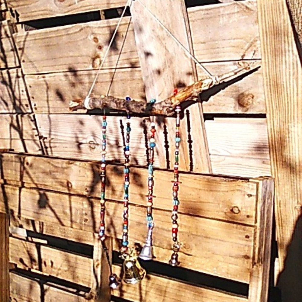 Handmade Rustic Wind Chime With Beads And Vintage Bells On Branch For Garden
